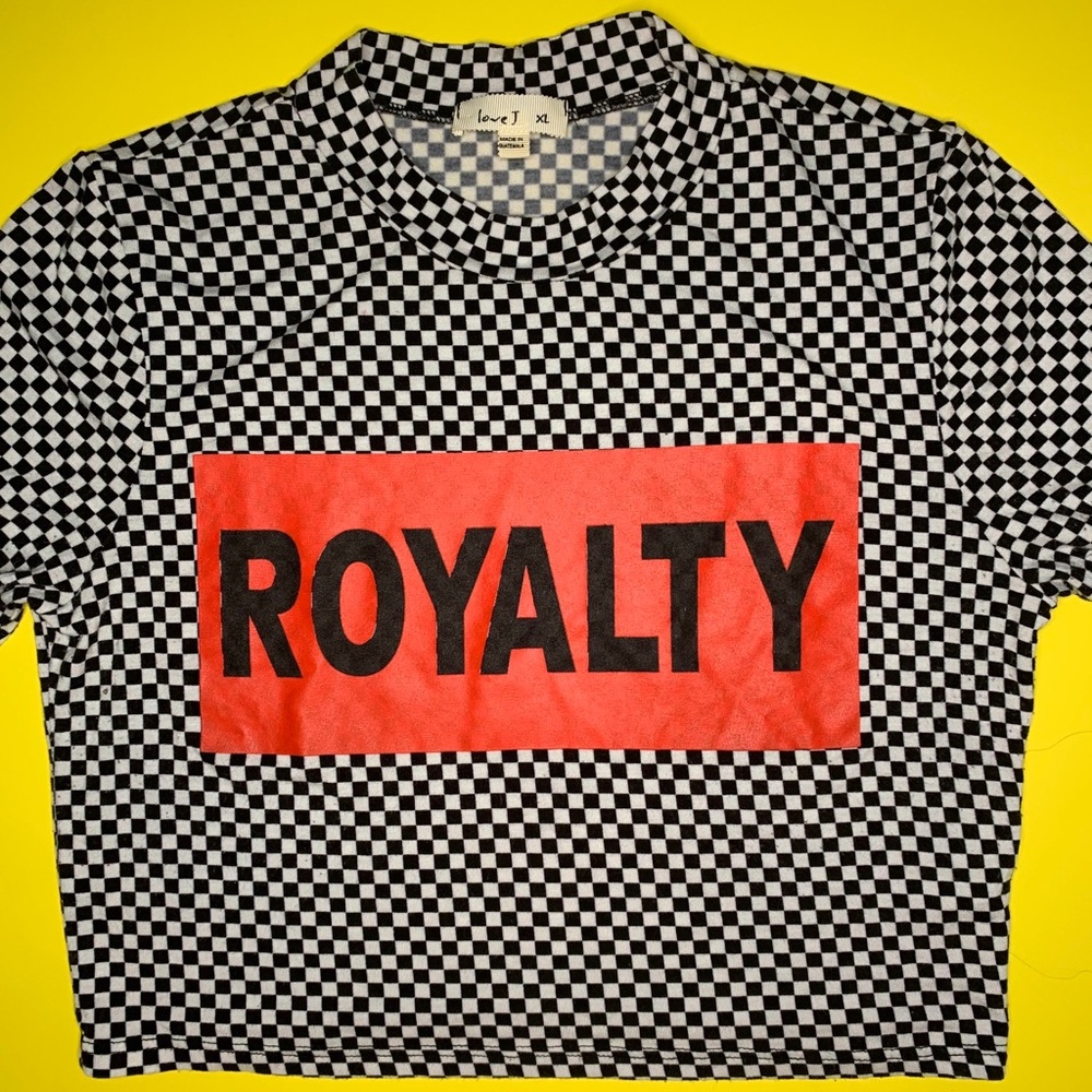 Red graphic on checkered board print